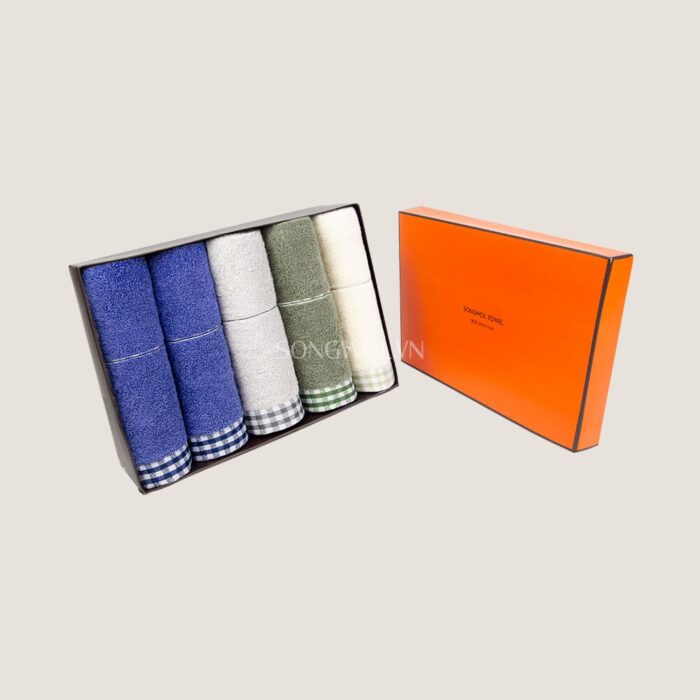 Khăn quà tặng cotton LINE CHECK – Hộp 5 khăn mặt 40x78cm