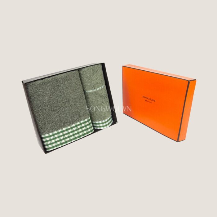 Khăn quà tặng cotton LINE CHECK – Hộp 2 khăn: khăn tắm + khăn mặt