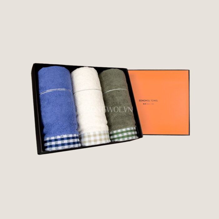 Khăn quà tặng cotton TG LINE CHECK  – Hộp 3 khăn mặt 40x78cm