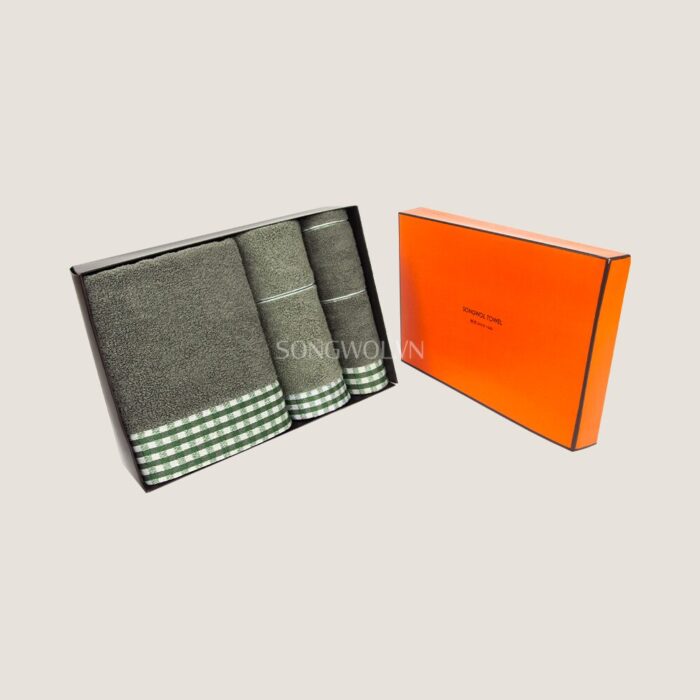 Khăn quà tặng cotton LINE CHECK – Hộp 3 khăn: tay + mặt + tắm